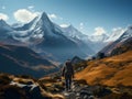 Male Hiker Traveling to the Mountains with a Backpack. Backpacker Hiking Alone. Adventurer Illustration. Ai Generated