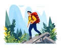 Male hiker trekking mountains backpack adventure outdoors. Young man exploring nature hiking Royalty Free Stock Photo