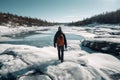 Male Hiker Walking On Ice, Rear View, Dron View. Generative AI