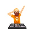 Male hipster DJ in headphones playing track and mixing music on mixer console deck vector Illustration on a white Royalty Free Stock Photo