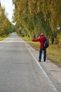 Male hitchhiker on autumn road