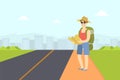 Male Hitchhiker Traveling with Backpack and Map, Guy Trying to Stop Car on Highway By Hand, Person Travelling By Royalty Free Stock Photo