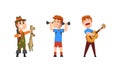 Male Hobby or Profession Set, Hunter with Prey, Musician with Classical Guitar, Athlete with Dumbbells Vector