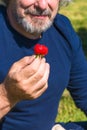 A male holding half eaten strawberry Royalty Free Stock Photo