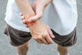 Male holding hand to spot of wrist pain. Royalty Free Stock Photo