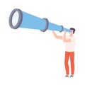 Male Holding Huge Telescope Searching and Investigating Vector Illustration