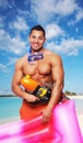 Male holding pink water matress and water hight pressure gun.