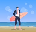 Male Holding Surfboard, Standing on Beach Vector Royalty Free Stock Photo