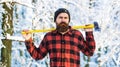 Male holds an ax on a shoulder. Brutal bearded man. Handsome man, hipster in snowy forest. Bearded lumberjack. Brutal