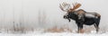 Male horned moose elk alces in field with snow in winter close-up