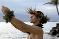 Male hula dancer praying and gesturing gifts to the heavens.