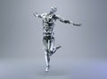 A male humanoid robot, android or cyborg arms up pose, freedom or happiness concept. 3D illustration