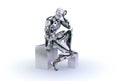 A male humanoid robot, android or cyborg, sit down and thinking or computing on white studio background. 3D illustration Royalty Free Stock Photo