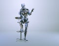 A male humanoid robot, android or cyborg, sitting on chair and holding mockup. 3D illustration