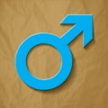 Male icon - Mars vector symbol with shadow blue on a crumpled paper brown background.