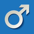 Male icon - Mars vector symbol with shadow white on a blue background.