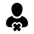 Male icon vector remove user account person profile avatar with delete symbol in flat color glyph pictogram