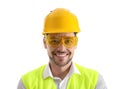 Male industrial engineer in uniform on white background.