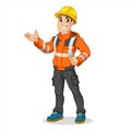 Male Industrial Worker with Safety Jacket and Hard Hat Present Something, People at Work, Cartoon Vector Illustration Mascot, in I