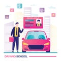 Male instructor holds driving license. Concept of driving school, education and drive lesson. Modern car and city view in trendy Royalty Free Stock Photo