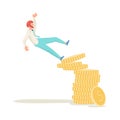 Male investor falls from a stack of coins. Finance decrease and business crisis