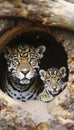 Male jaguar and cub portrait with empty space for text, an object on the right side