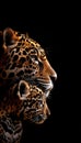 Male jaguar and cub portrait with space for text, object on right side, ideal for adding captions