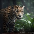 Male jaguar in the middle of the Amazonian jungle. Beautiful and endangered american jaguar in the nature habitat.