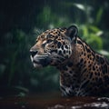 Male jaguar in the middle of the Amazonian jungle. Beautiful and endangered american jaguar in the nature habitat.
