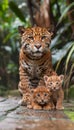 Male jaguarundi and kitten portrait with ample empty space on the left for text overlay