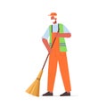 Male janitor with broom sweeping and cleaning floor janitor wearing mask to prevent coronavirus pandemic