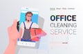 Male janitor man cleaner on smartphone screen self isolation office cleaning service concept Royalty Free Stock Photo