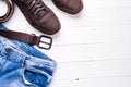 Male jeans, belt and shoes with text space