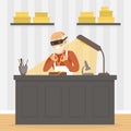 Male Jeweler Making Jewelry at Workplace, Craft Hobby or Profession Vector Illustration