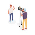 Male journalist hold microphone in front of video camera vector isometric illustration. Man operator recording interview