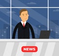 Male Journalist Reporting News and Information on Television Broadcast Vector Illustration