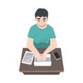 Male Journalist Sitting at Desk Writing Article or Essay on Laptop Vector Illustration