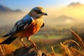 A male kestrel soars in a scenic view, with blurred surroundings