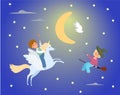 Male kid character ride unicorn, female person witch flying broom flat vector illustration. Miracle pegasus magical