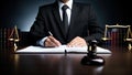 Male lawyer or judge working with contract papers and gavel in courtroom Royalty Free Stock Photo