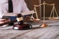 Male lawyer or judge working with Law books, gavel and balance, report the case on table in office, Law and justice concept