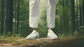 male legs clad in white, unbranded green sneakers in the forest, a minimalist modern style to highlight the simplicity