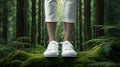male legs clad in white, unbranded green sneakers in the forest, a minimalist modern style to highlight the simplicity