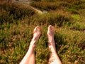 Male legs on dry heather bush. Tired legs on rocky peak bove landscape. Pure pink skin, clear nails. Royalty Free Stock Photo