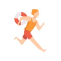 Male lifeguard character running with lifebuoy, professional rescuer character working on the beach vector Illustration