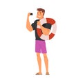 Male Lifeguard with Lifebuoy Taking Selfie Photo, Male Character Photographing Himself with Smartphone Cartoon Vector