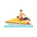 Male lifeguard in red shorts driving by water motorcycle, professional rescuer on the beach vector Illustration