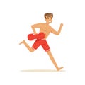 Male lifeguard in red shorts running with life preserver buoy, professional rescuer on the beach vector Illustration Royalty Free Stock Photo