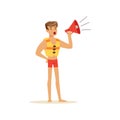 Male lifeguard in red shorts shouting by megaphone, professional rescuer on the beach vector Illustration
