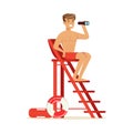 Male lifeguard sitting on lookout tower and looking at binoculars, professional rescuer on the beach vector Illustration